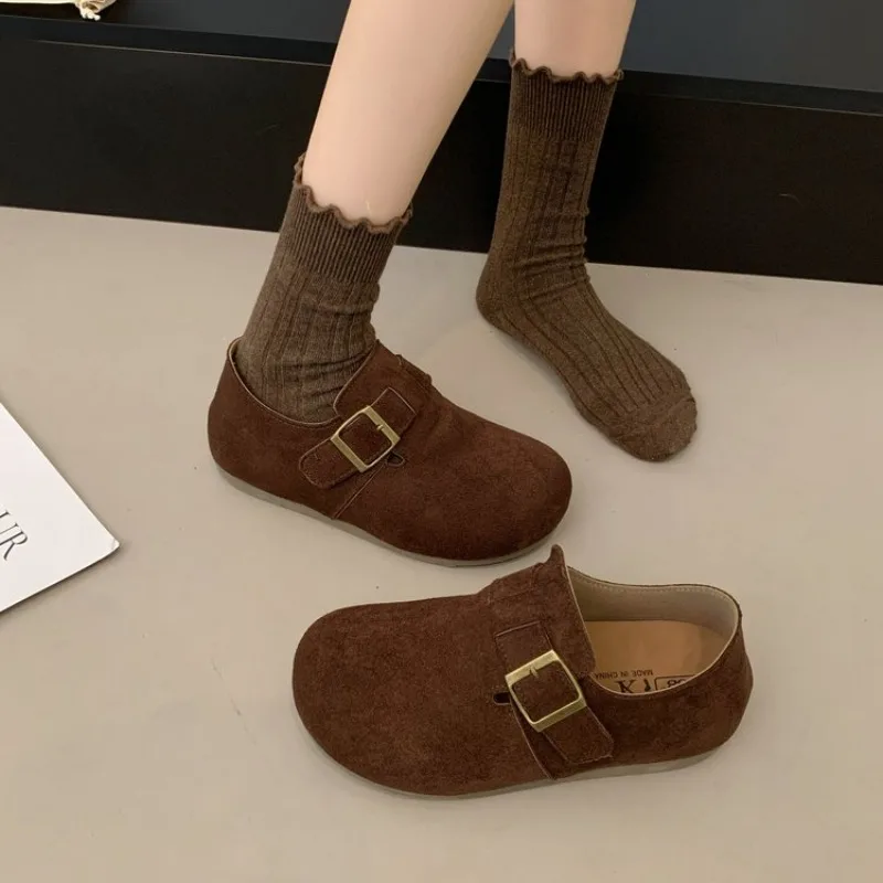 Women Suede Closed Back Birken Shoes Square Metal Buckle Round Toe Soft Sole Retro Casual Flat Daily Footwear For Ladies - view 3
