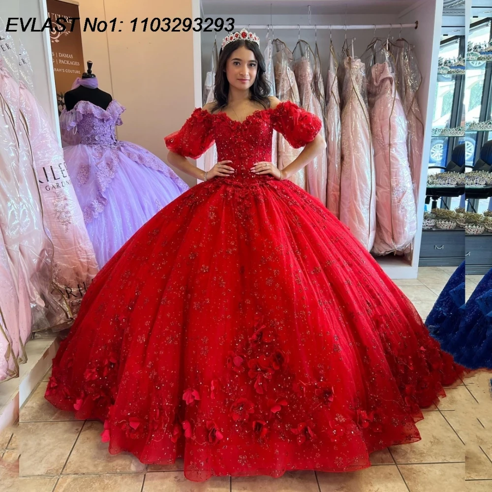 EVLAST Personalizado Mexicano Vermelho Floral Quinceanera Vestido de Baile Vestido de Renda Applique Beading Espartilho Doce 16 Vestido De 15 Anos E1Q142