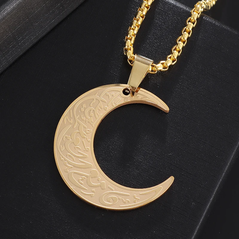 Personality Islamic Muslim Quran Moon Rune Stainless Steel Pendant Necklace for Men Simple Women Punk Jewelry Gift