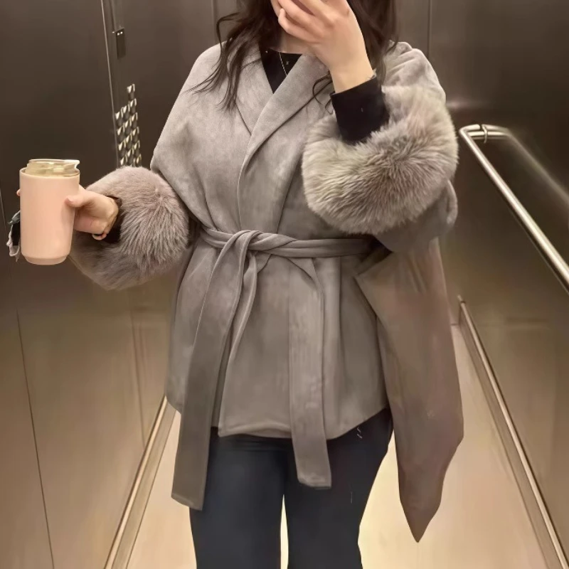 Abrigo Vintage para mujer, novedad de 2025, Otoño Invierno, solapa de felpa con cordones, manga de piel sintética lisa, abrigos abiertos de Tweed, prendas de vestir informales para mujer