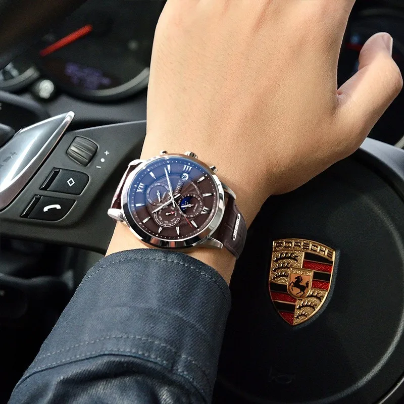Nesun für männer uhr automatische armbanduhr mechanische multifunktion ale mond phase leuchtende zeiger chronograph kalender zegarek meski