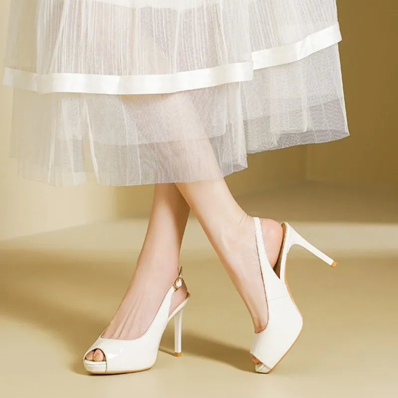 

Summer Sexy 8CM Thin Heel Women's Shoes Peep-toe High Heeled Sandals Fashion Solid Color Patent Leather Back Strap Single Shoes