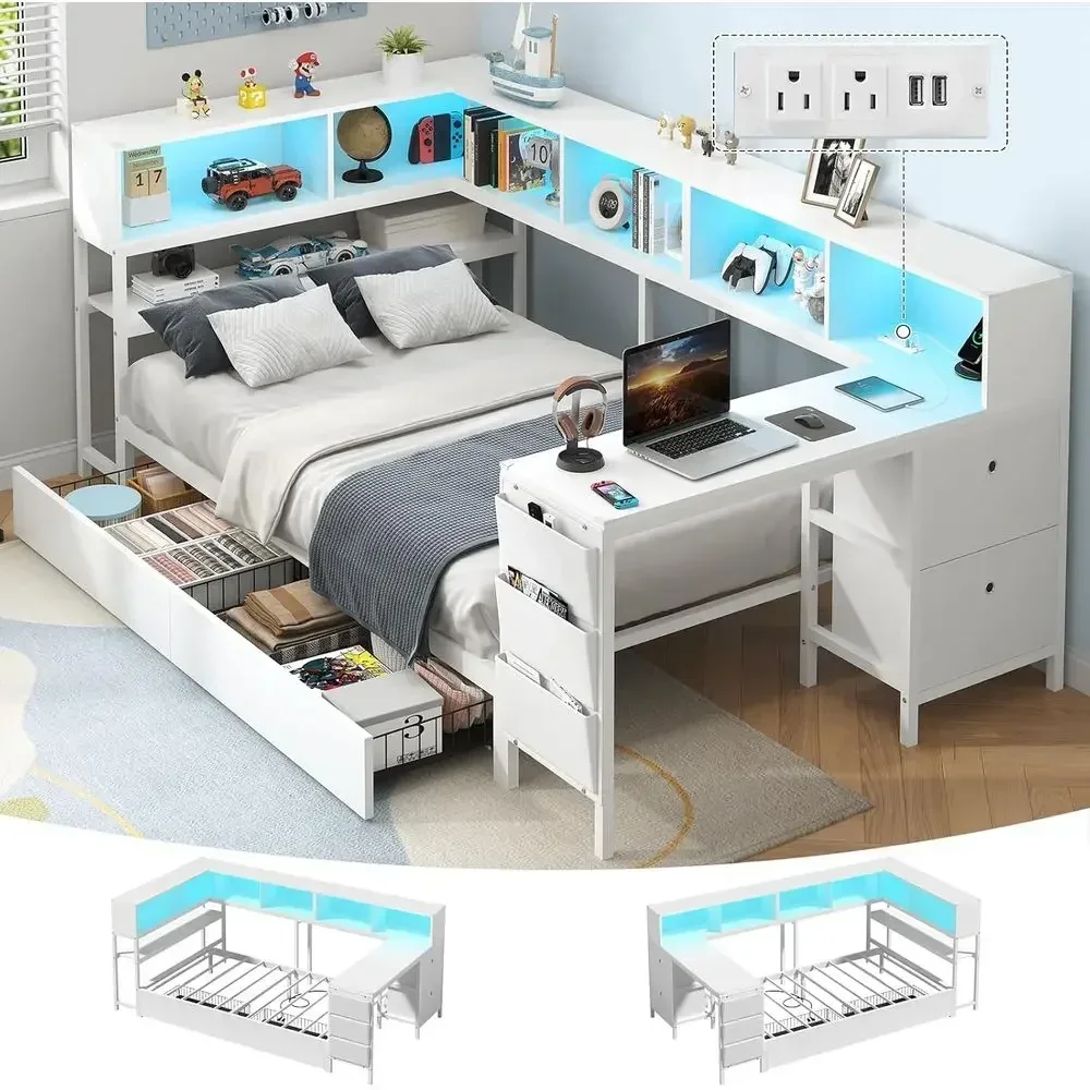 Cama individual con escritorio, librero con almacenamiento, sofá cama con cajones y compartimentos, cama individual tipo plataforma con estación de carga y luz LED para adolescentes