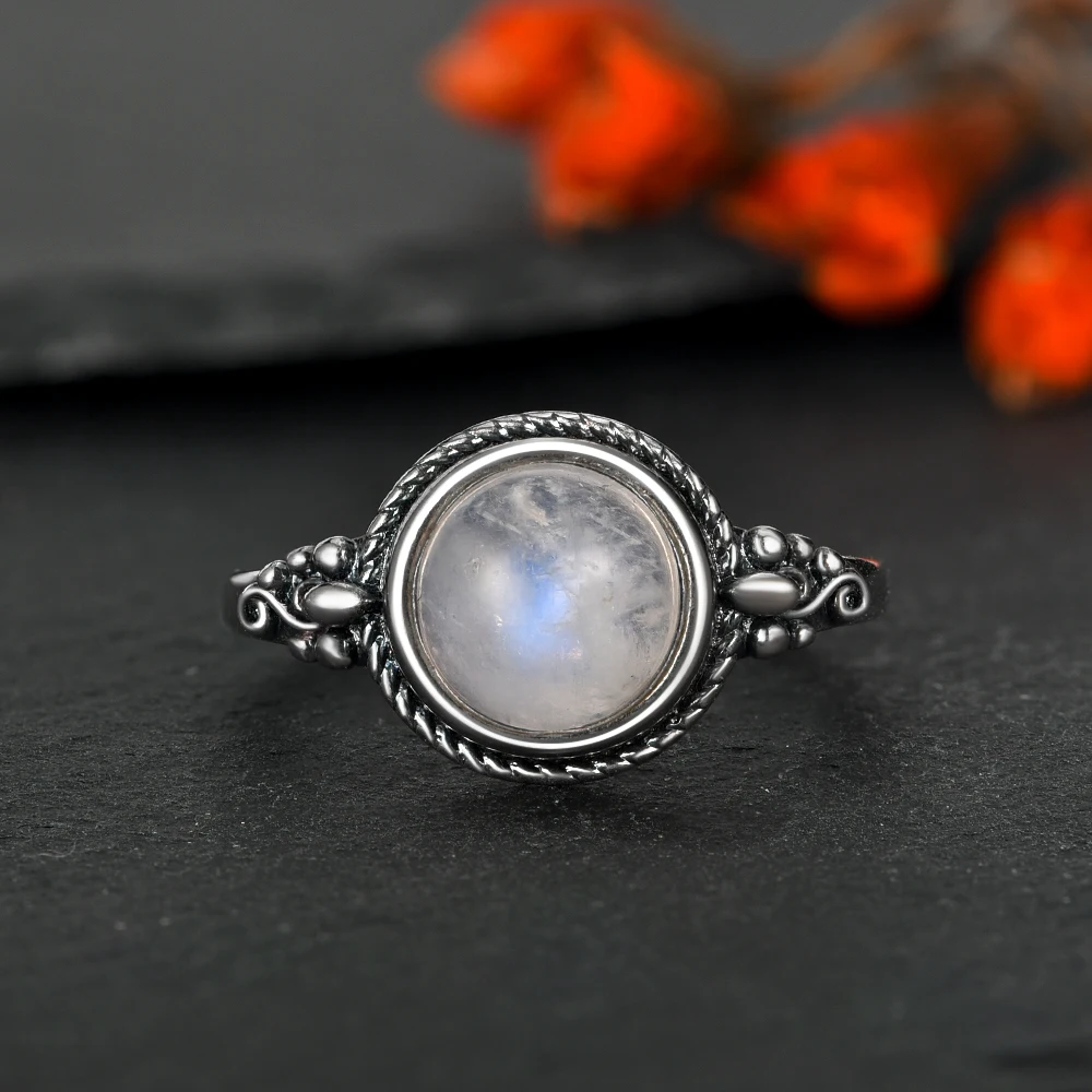 925 Sterling Silver Ring Natural Round Moonstone Ring for Women Luxury Jewelry Engagement Wedding Anniversary Gifts