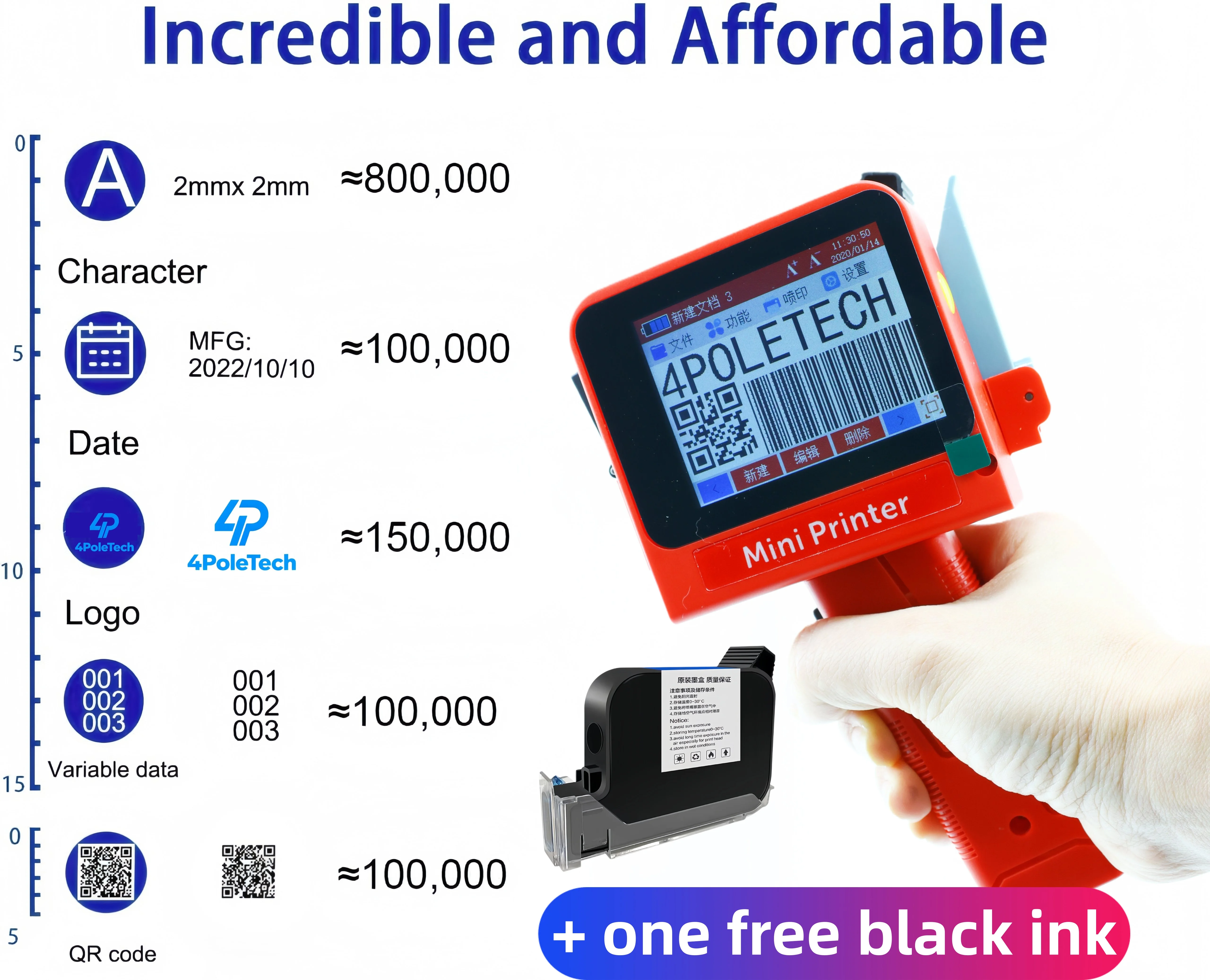 

Портативный струйный принтер 4POLETECH 12.7MM с мини-ручкой для печати даты, номера, логотипа и кодирования для мелкосерийной кастомизации