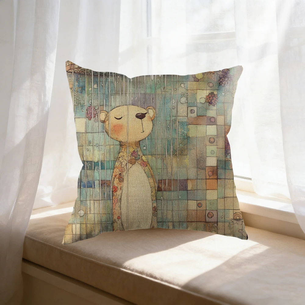 1pc Vintage Style Cushion Cover Multicolor Cute Bear Print Pillowcase For Sofa Bed Decorative Throw Case 45x45cm