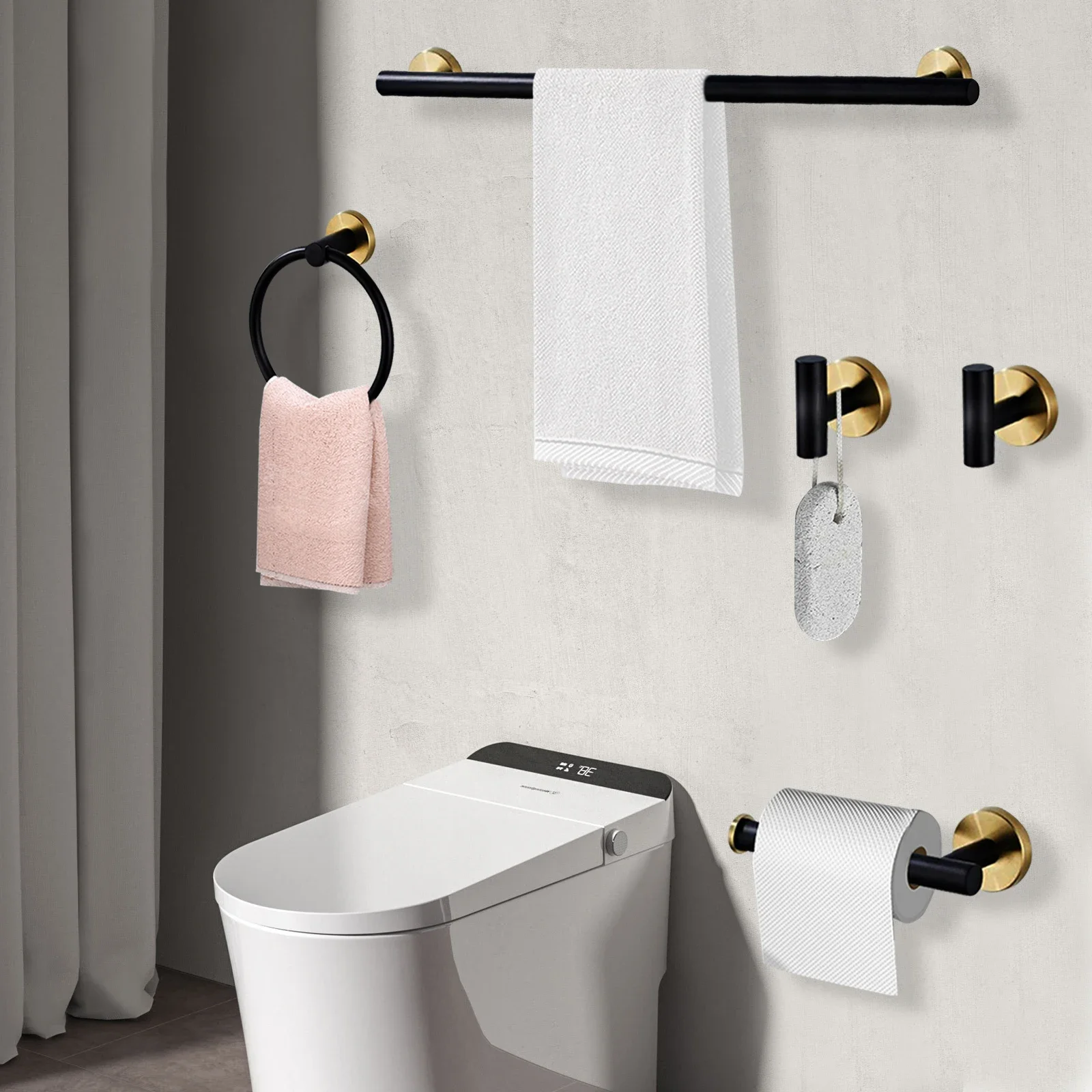 Moderno juego de barra de toalla de oro negro de 5 piezas: accesorios de baño de acero inoxidable montados en la pared para el hogar, hotel, baños de spa