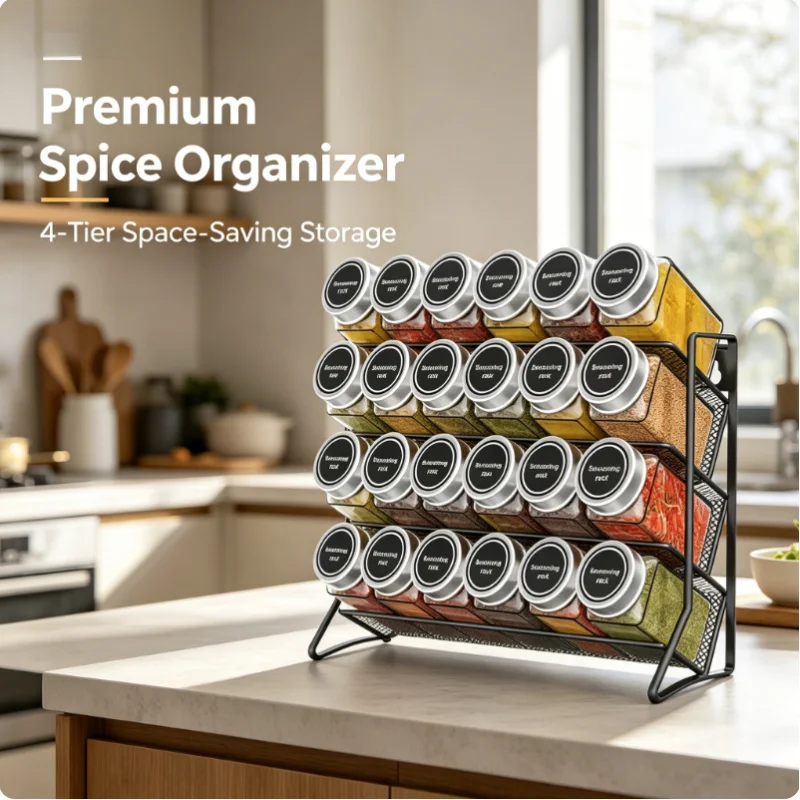 Étagère de rangement multifonctionnelle à 4 niveaux en acier au carbone antidérapante pour épices, cuisine et garde-manger