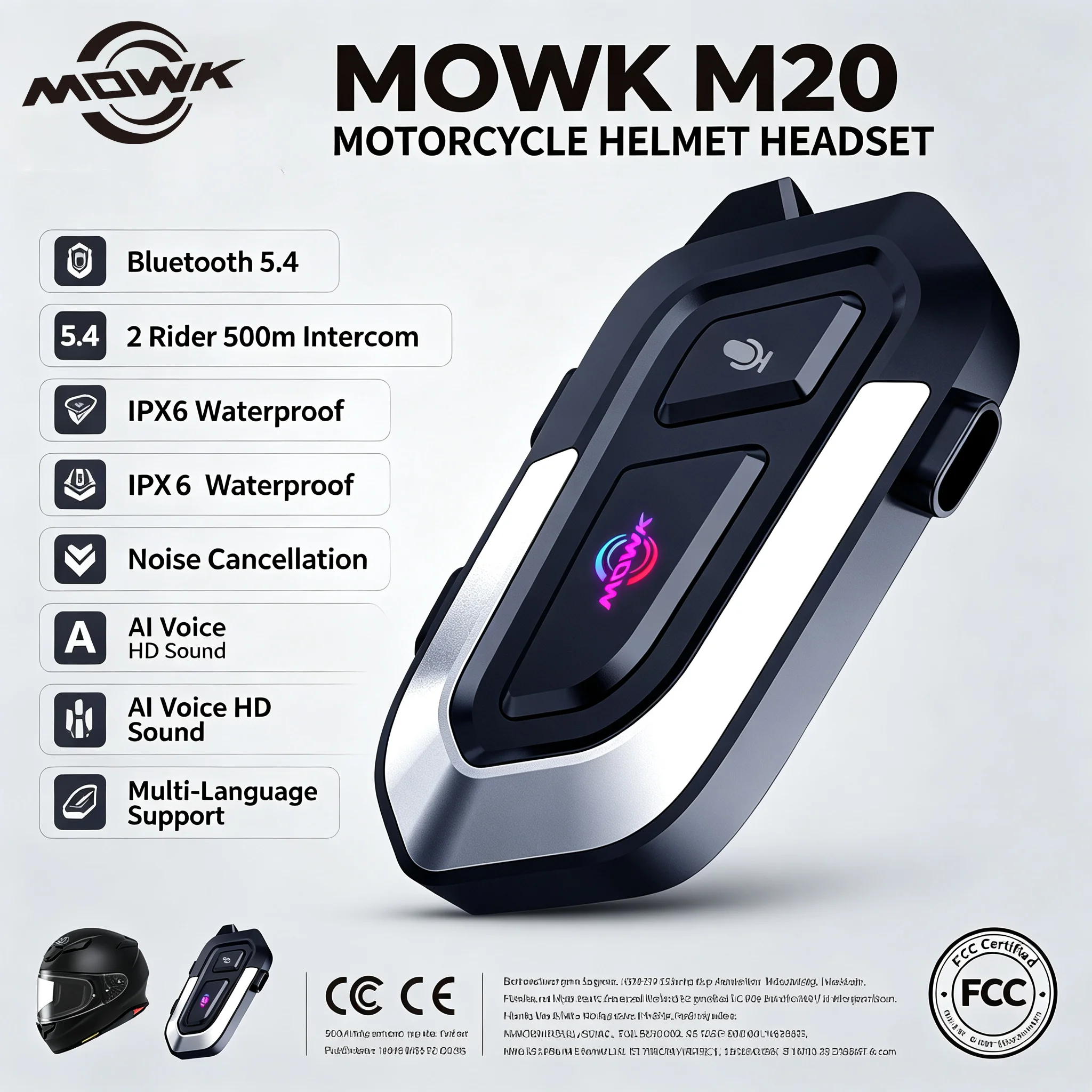 MOWK M20 Bluetooth 5.4 Motorcycle Helmet Intercom Headset 2 Riders 500M IPX6 Waterproof HIFI Noise Cancelling Motorbike Earphone