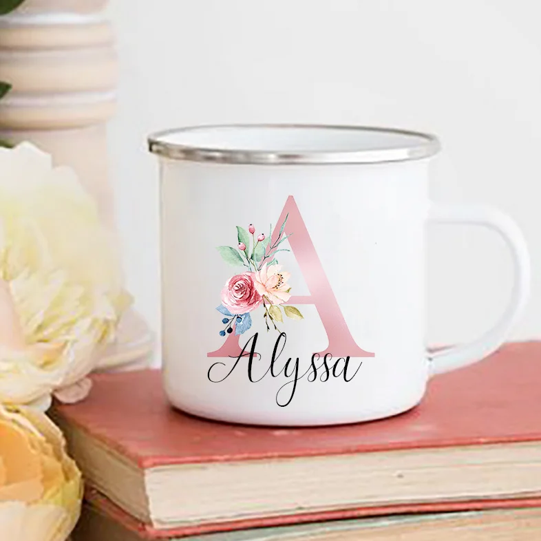 Personalized Mug Floral Initial with Name Name Enamel Cup Coffee Chocolate Mug Bride Bridesmaid Mother's Day Housewarming Gift