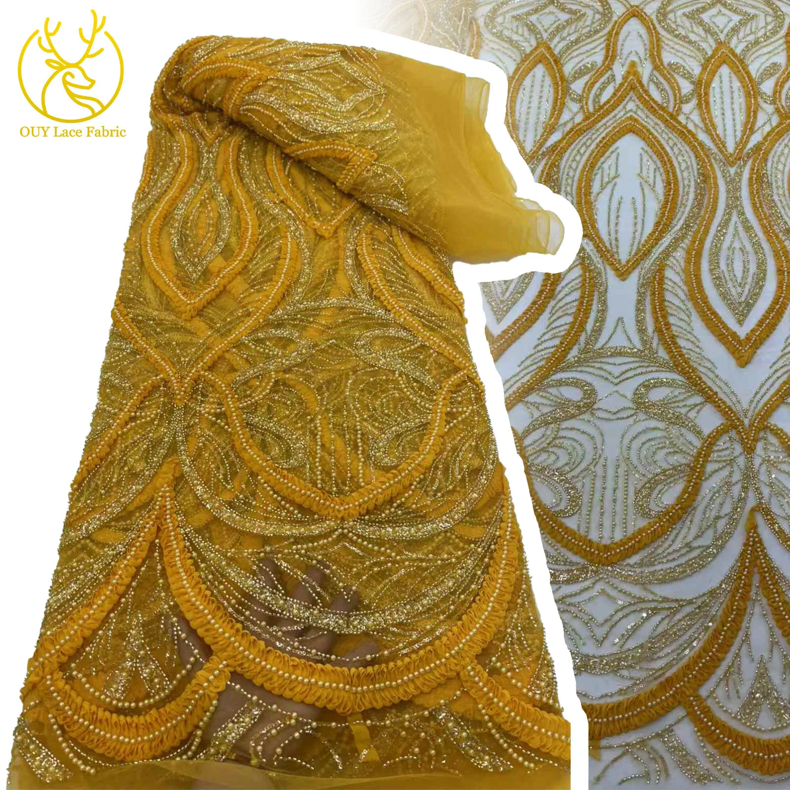 

5 Yards Luxury French Mesh Beaded Lace Fabric 2025 African Nigerian Sequins 3D Lace Lace Fabric Wedding Dress Sewing Material