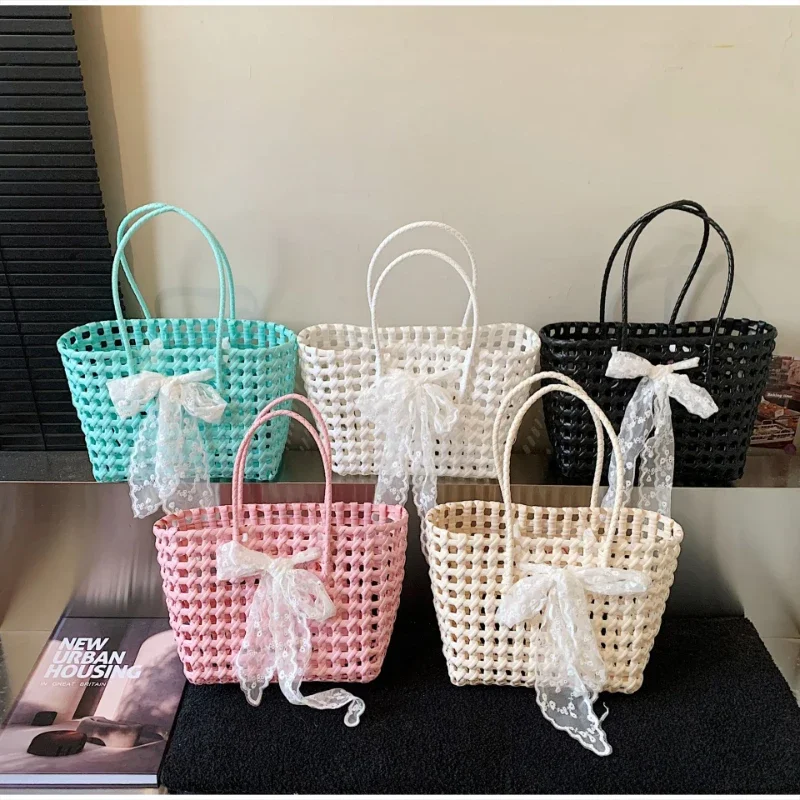 Koreanische Hohlgeflochtene Schleifen-Handtasche, Süße Einfarbige Gemüsekorb-Tasche, Lässige Vielseitige Schultertasche mit Großer Kapazität, Neu – Detail 2
