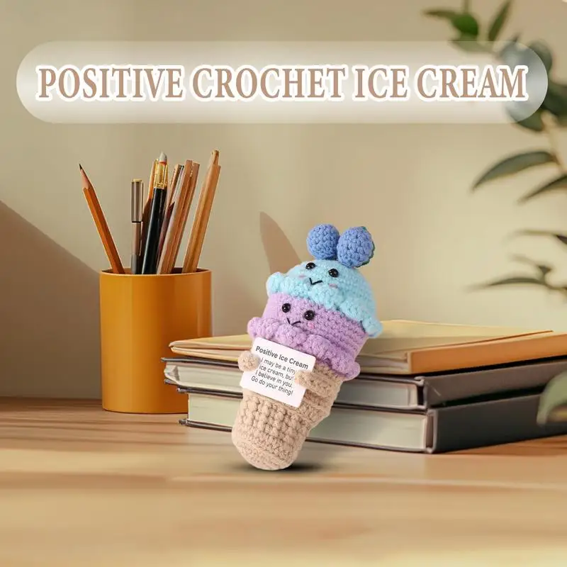 Crochet Emotional Support Crochet Ice Cream With Positive Card Crochet Plushies Cheer Up Knitting Toy Ornaments Positive Crochet