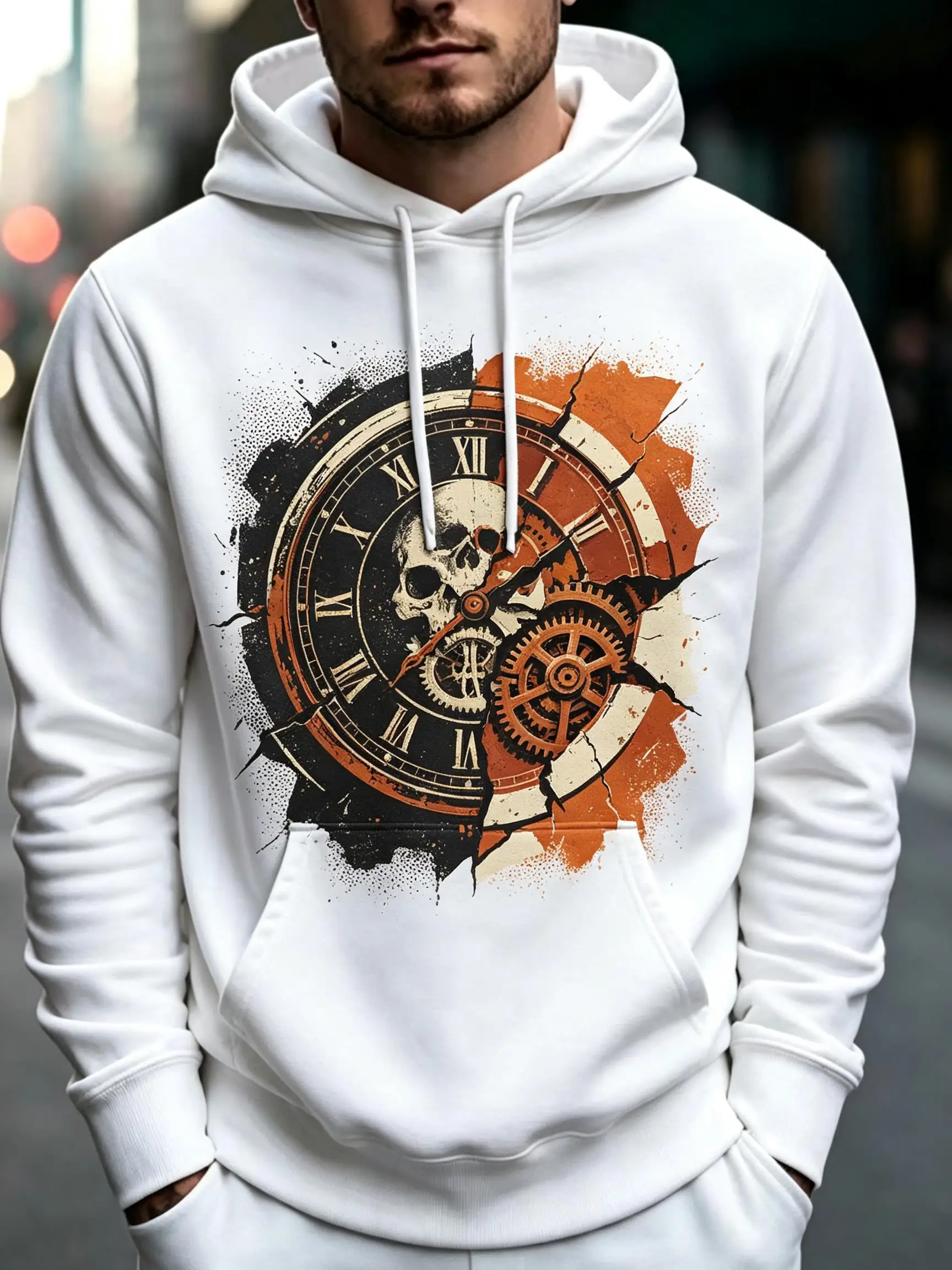2026 Fashion Men Thin Sweatshirt Autumn Winter Hoodie Steampunk Clock Gear Skull Print Long Sleeve Male Pullover Tops