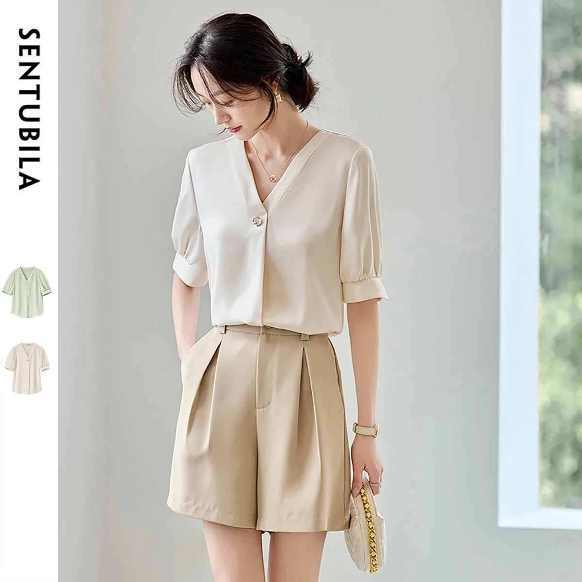 SENTUBILA Women's Commut V-neck Chiffon Blouse 2025 Summer New Fashion Loose Button  Solid Color Top Women's Clothing 152V80192