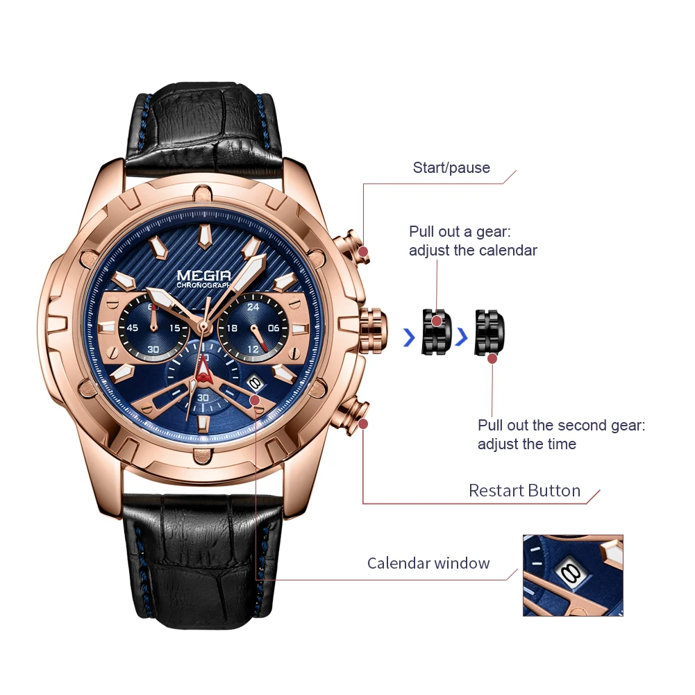 Megir luxo masculino esporte relógios de couro militar quartzo relógio de pulso à prova dwaterproof água homem cronógrafo 24 horas montre homme 2102