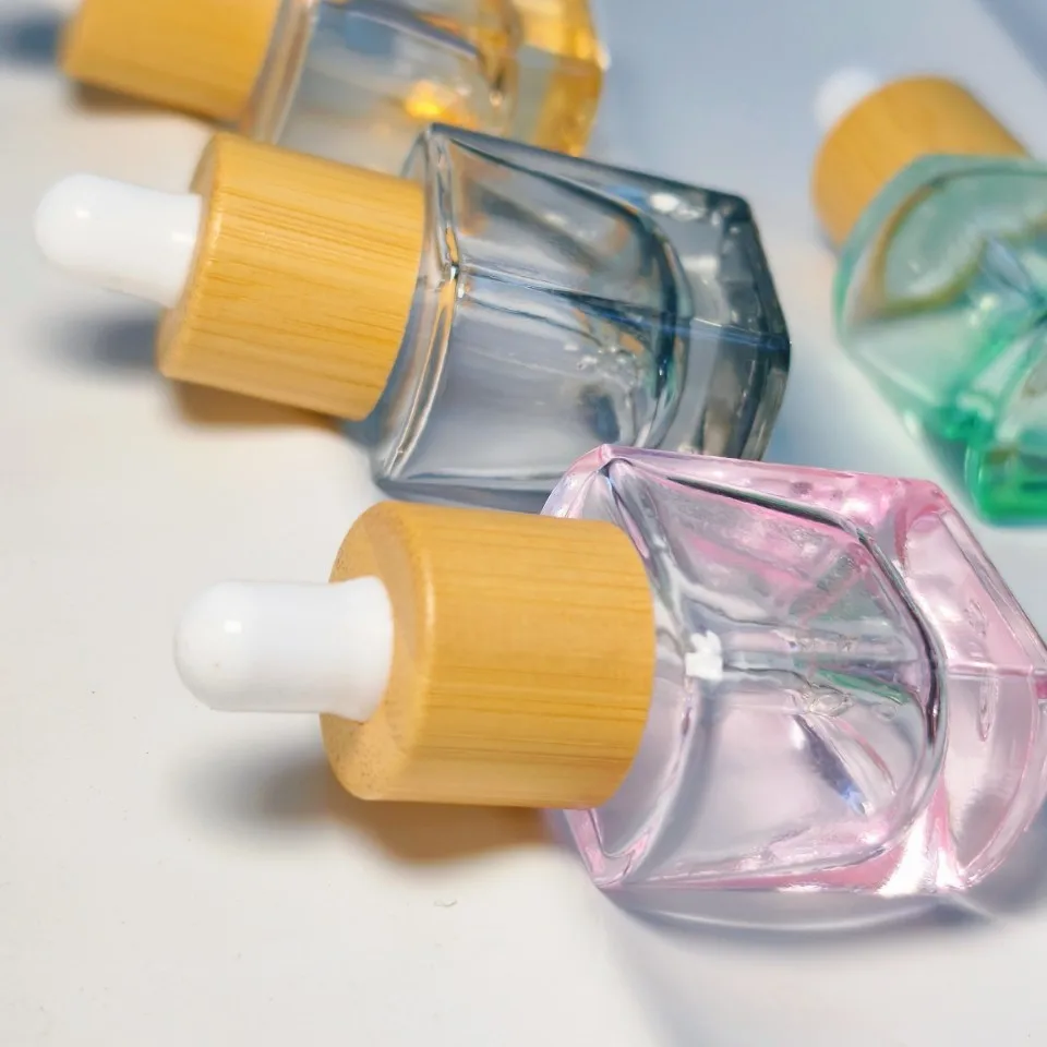 Colorful Glass Dropper Bottle with Bamboo Lid for Essential Oil Makeup Remover Liquid for Essential Oil Serum Liquid