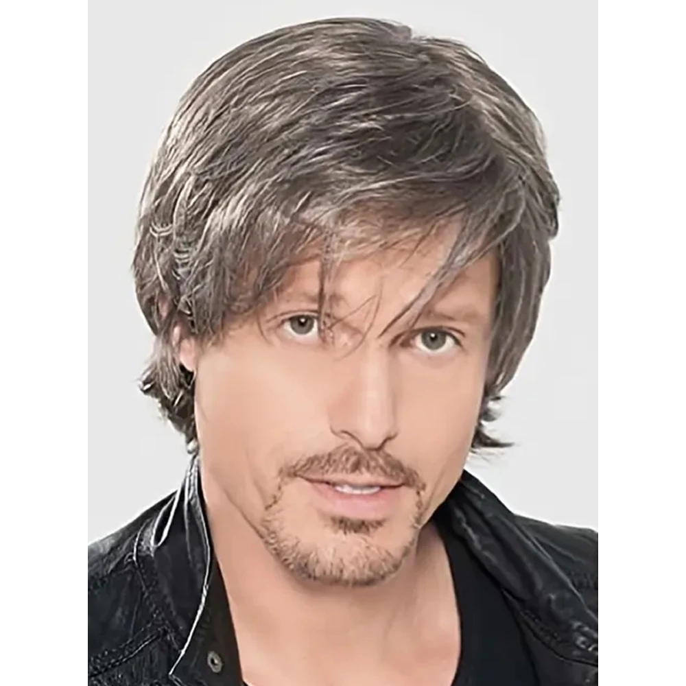 

10 Inch Short Curly Synthetic Gray Wig for men Heat Resistant Wigs With Bangs For Daily Use