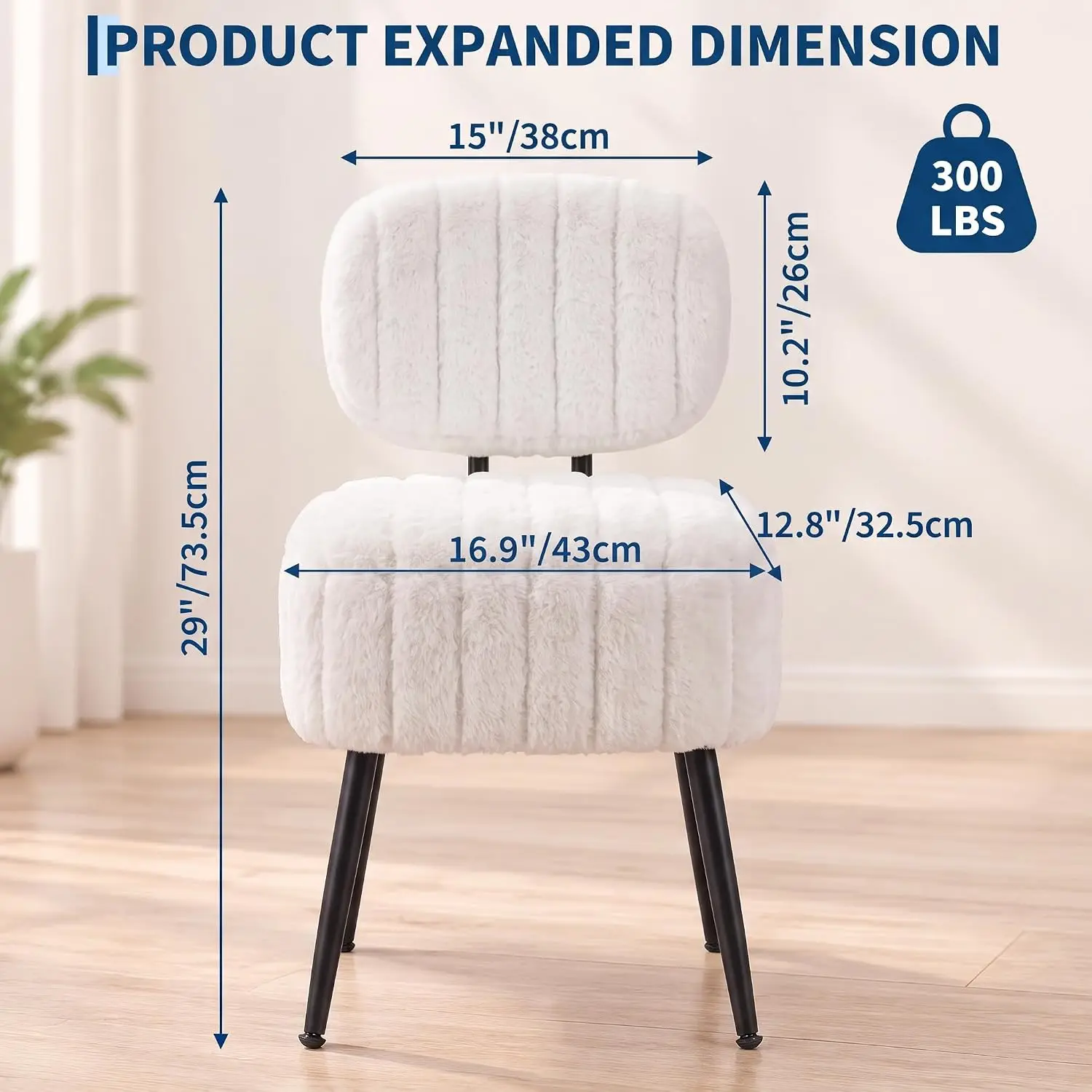Vanity Chair with Backrest & Storage, Upholstered Tufted Makeup Stool, Soft Fluffy Accent Chair with Black Metal Legs for Bedroom Dressing Room