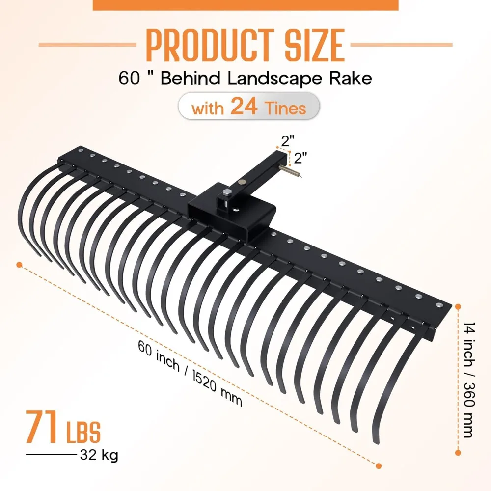 مشط خلف المناظر الطبيعية مقاس 60 بوصة للجرار، ومشط السحب مع 24 نوعًا من لفائف الصلب وجهاز استقبال مقاس 2 بوصة، مناسب للتعليق ذو 3 نقاط #6