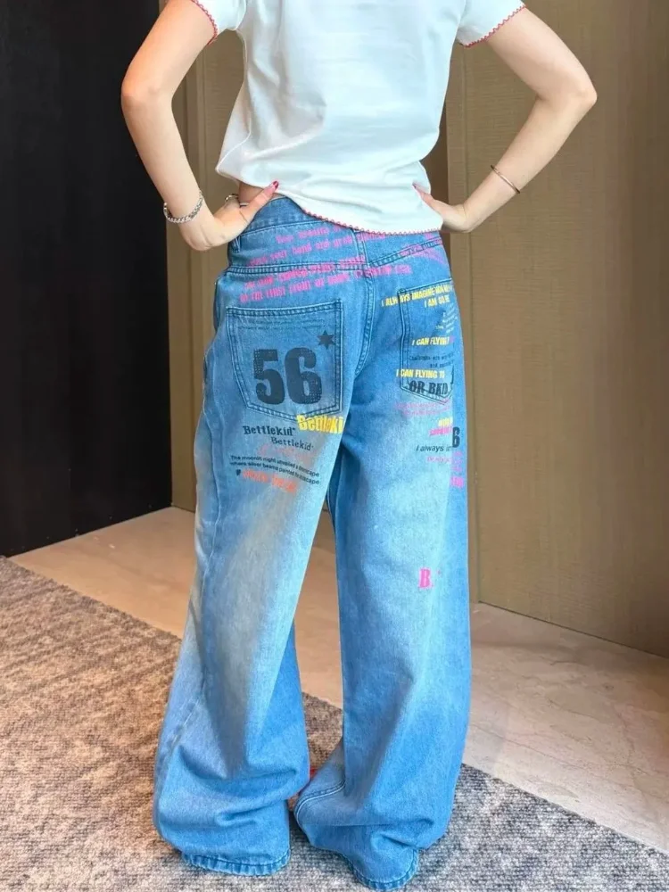 

2026 Summer Jeans Women Printed American Vintage Y2K Street Style Straight Leg Loose Slim Wide Leg Draping Denim Pants Fashion