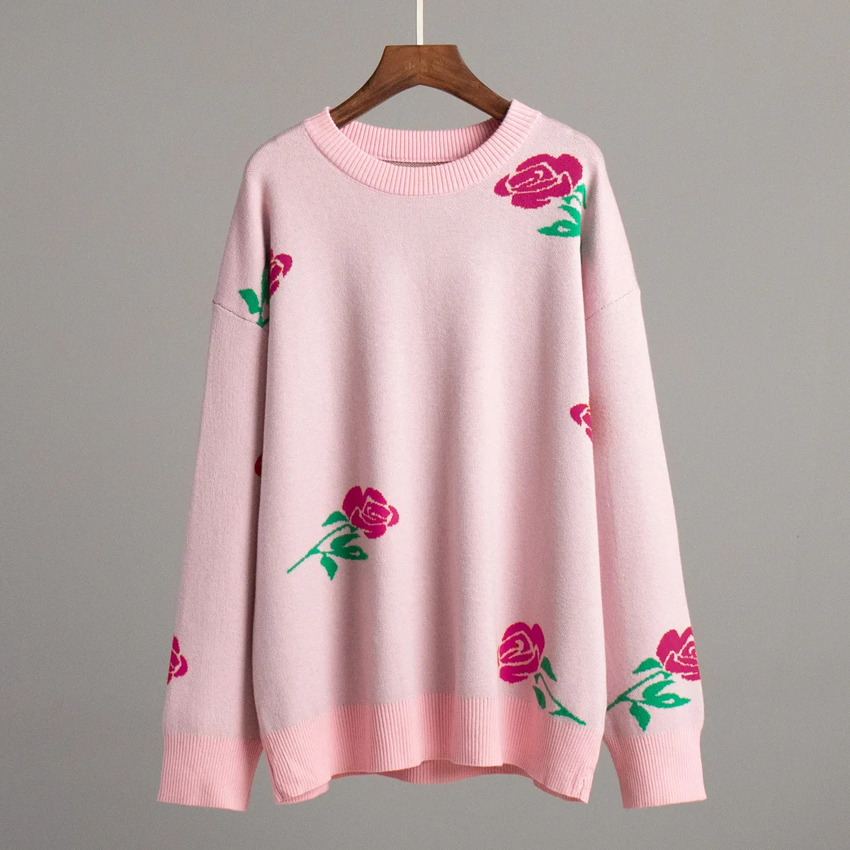 

Colored Women Sweater For Autumn Winter 2024 Rose Flower Loose Jumper Pullover O-neck Knitwear Jacket Long Sleeve Clothes 40905