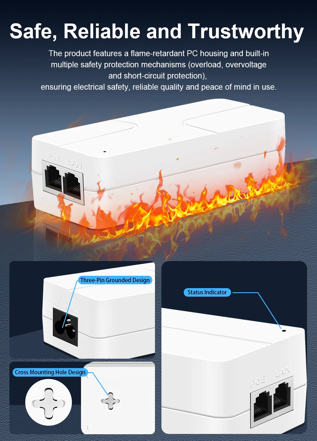 2.5G محول تغذية الطاقة عبر شبكة إيثرنت 52 فولت 30 واط جيجابت إيثرنت PoE محول 10/100/1000/2500Mbps للهاتف IP/الكاميرا شاحن التيار الكهربائي
