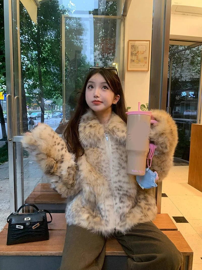 Leopard Faux Fur Coat Women Winter Thick Warm Vintage Streetwear Jacket Casual Zipper Female Retro American Hip Hop Outwear Tops
