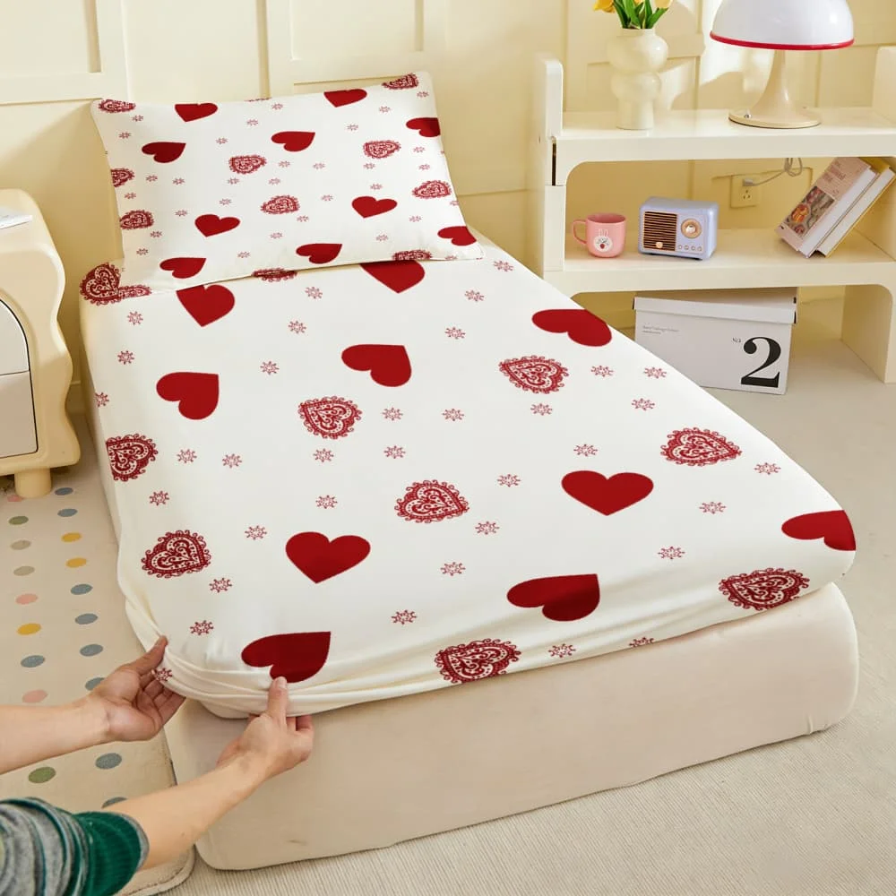 1Pc Red Hearts Print Fitted Sheet Deep Pocket Elastic Mattress Cover Single Double Queen King Bedroom Decor