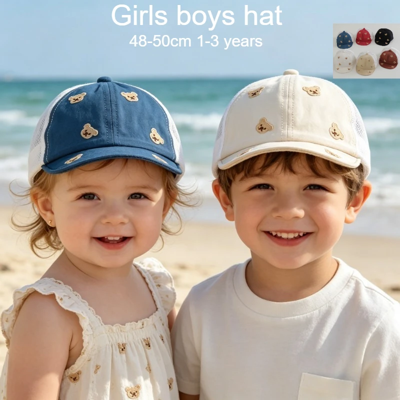 

Baby Kids Mesh Sun Hat 48-50cm 1-3 Years Summer Bear Embroidery Breathable Adjustable Cap for Boys Girls Baseball Cap