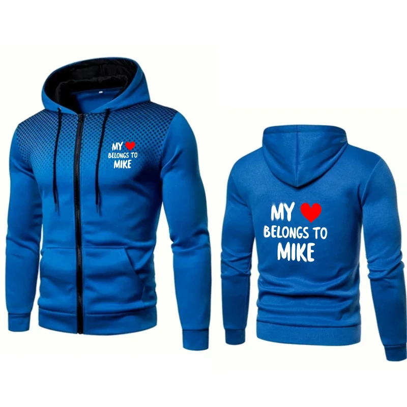 

Men's Hooded Jacket Blue My Heart Belongs to Mike Printed Love Text Design for Casual Dating Gifts
