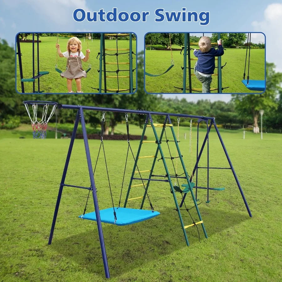 مجموعة أرجوحة معدنية شديدة التحمل للعب في الفناء الخلفي في الهواء الطلق: معدات ملعب متعددة الوظائف 5 في 1 مع طائرة شراعية مدمجة لـ Todd #3