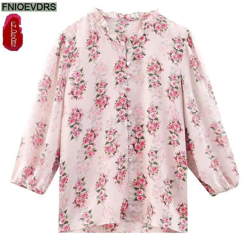 Tops vintage retrô floral feminino, camisa de botão elegante senhora do escritório, blusa solta casual, verão, M-3XL 2023