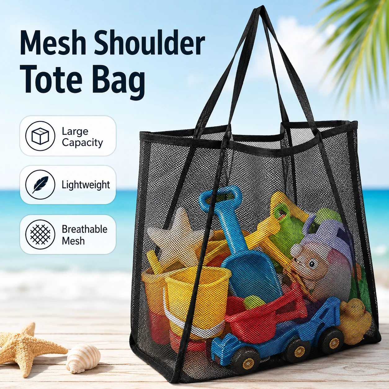 Bolsa de malha de grande capacidade, dobrável, leve, sacola de compras, armazenamento de brinquedos de praia, bolsa de ombro, nylon durável, 30x24x33cm