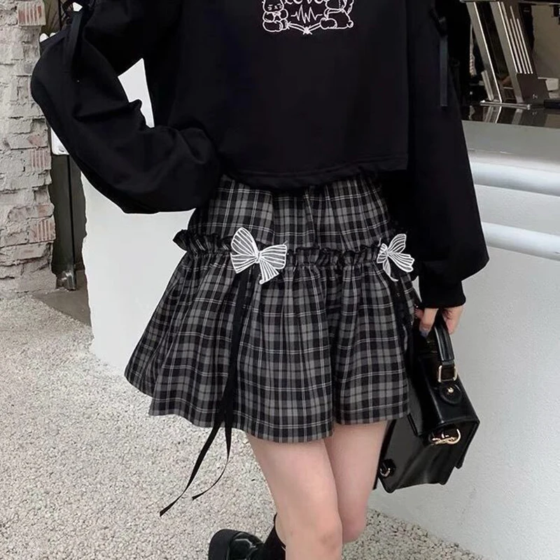 Gothic Bow Plaid Women Mini Skirt Fashion Black High Waist Stitching Ribbon A Line Skirts Japanese Harajuku Preppy Casual Skirt