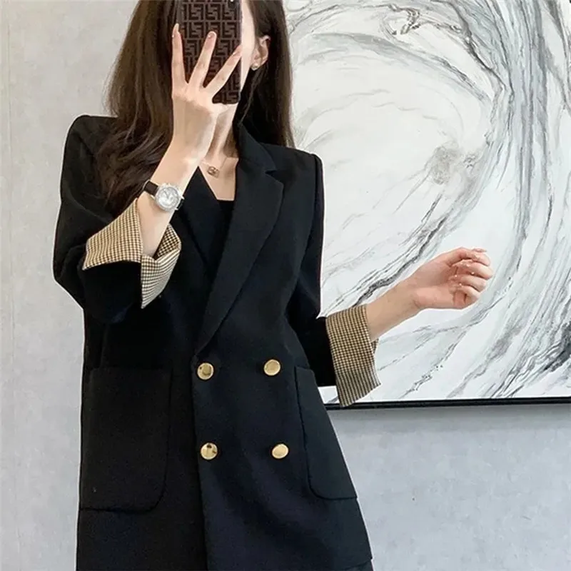 Beige Black Suit Casual Jacket Women Blazer Tops 2024 New Spring Autumn Korean Version Double-Breasted Suit Coat Casaco Feminino