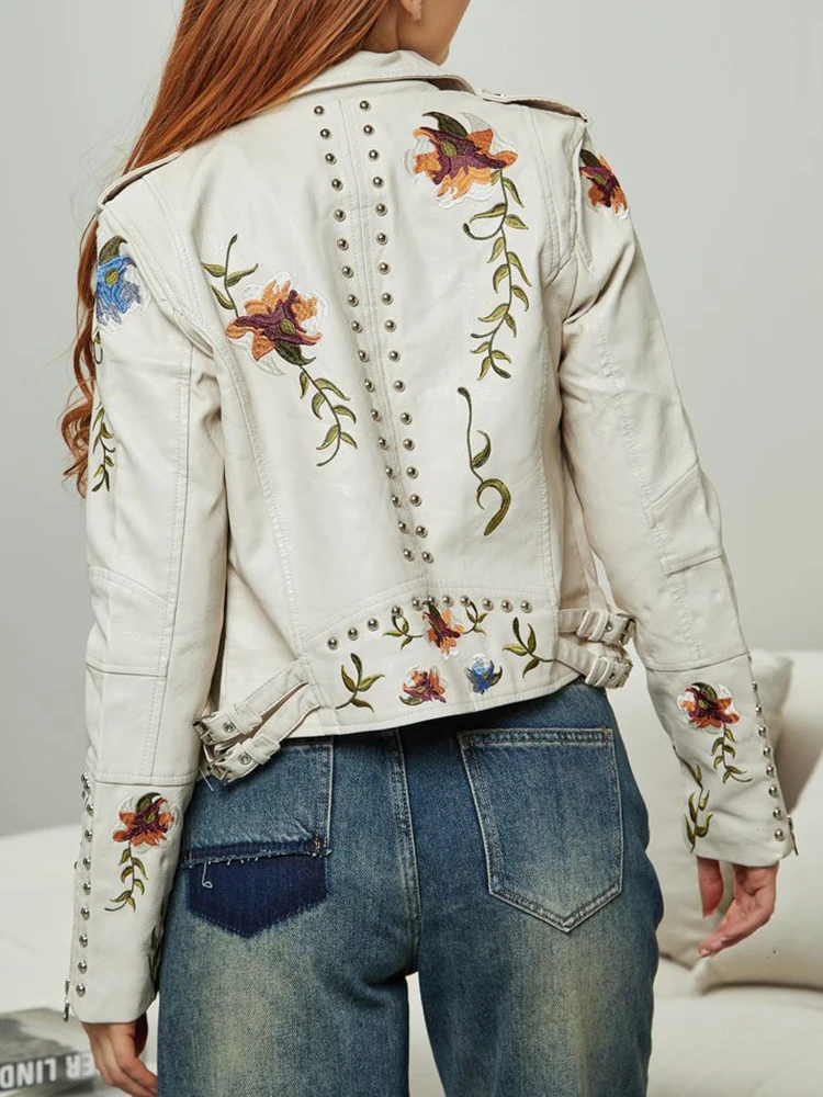 Ailegogo Spring Autumn Women Retro Floral Print Embroidery Pu Faux Leather Jacket Streetwear Female Zipper Rivet Coat Outwear