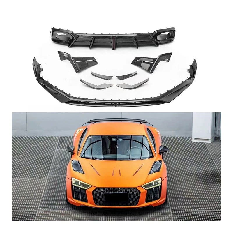 

New FORAudi R8 Dry Carbon Fiber Front Lip Wind Surround Small Bumper with Exhaust Cut-Outs Bolt-On 2017-2024