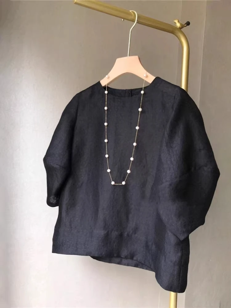 

Черная льняная рубашка с короткими рукавами и эффектом похудения, женская свободная рубашка с круглым вырезом, универсальный топ в корейском стиле, модная одежда для повседневной носки