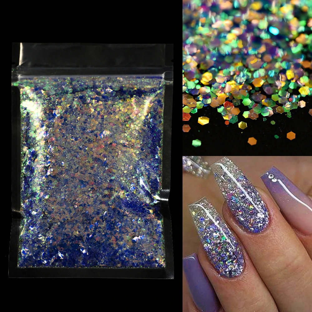 

50g Holographic Mixed Hexagon Shape Chunky Nail Glitter Sequins Laser Sparkly Flakes Manicure Paillettes Nail Art Decoration