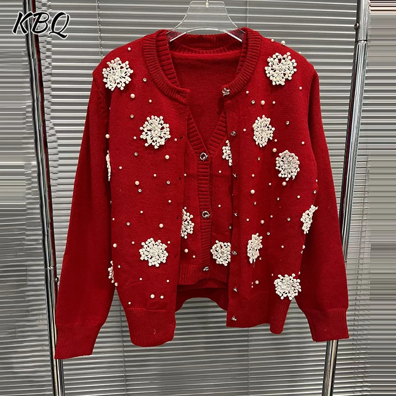 

KBQ Hit Color Комплекты из двух предметов для женщин Пальто с длинными рукавами и v-образным вырезом Жилет без рукавов Сплетенный комплект украшений в виде снежинок Женский