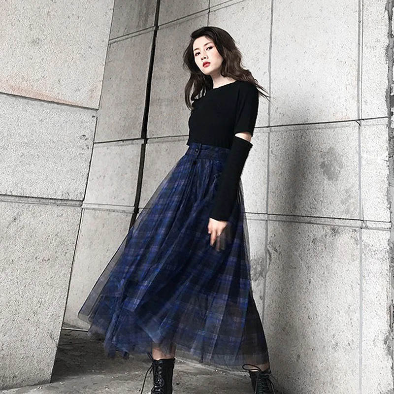 TWOTWINSTYLE Plaid Patchwork Mesh Women's Skirts High Waist Hit Color Elegant A Line Skirts Female 2020 Spring Fashion New