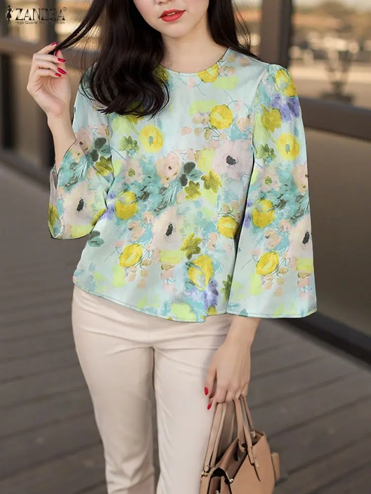 

ZANZEA, женская блузка, осенние элегантные рубашки с цветочным принтом, мода 2021, модные повседневные свободные туники с расклешенными рукавами 3/4, круглым вырезом, женские топы