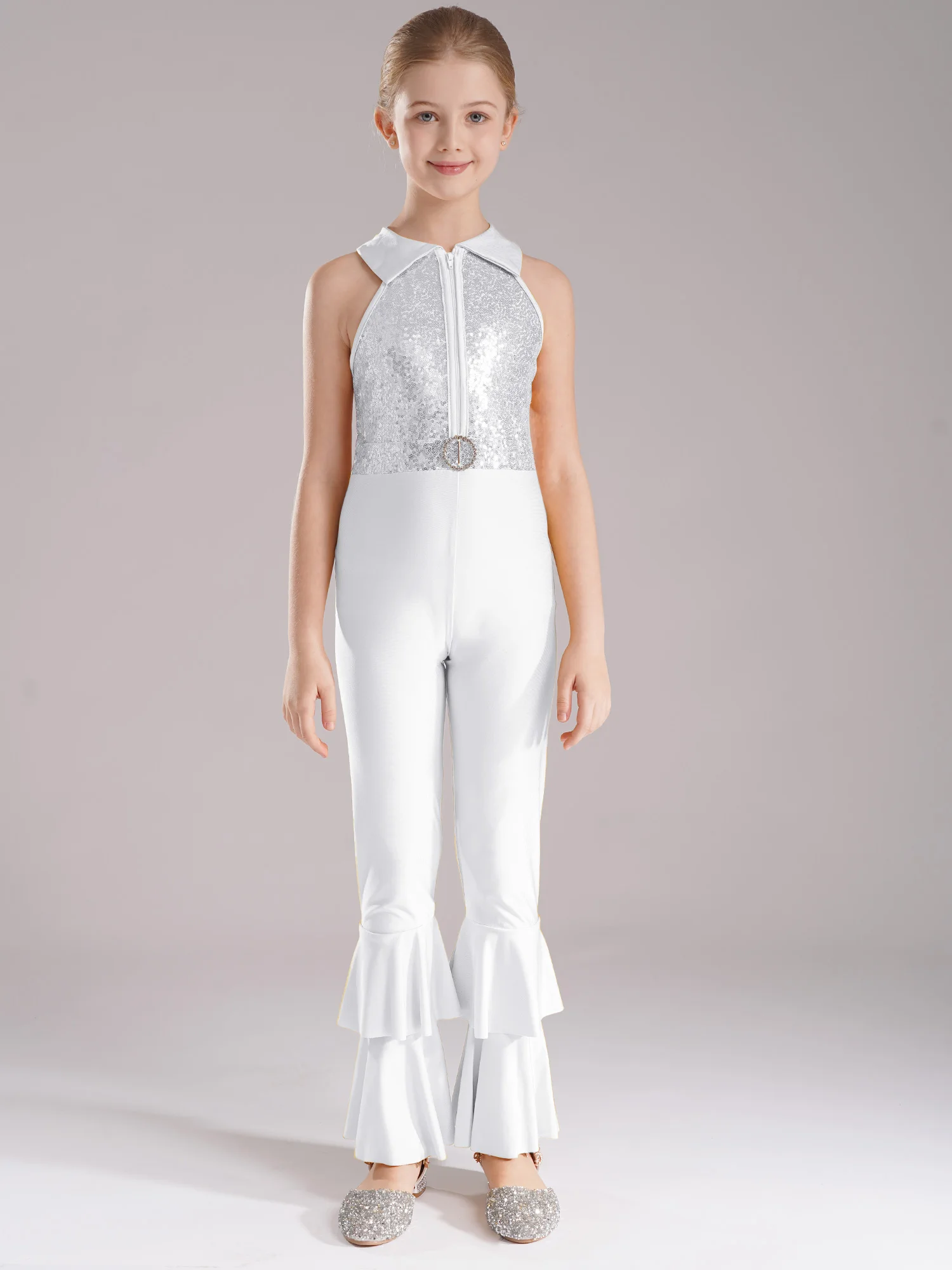 أطفال بنات لامعة الترتر حللا الهبي زي أداء Dancewear بلا أكمام جرس أسفل خمر 60s 70s الهبي زي