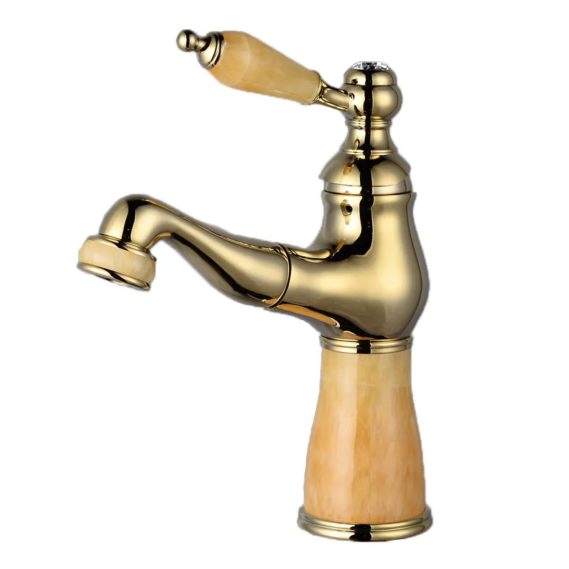 

European Style All Copper Natural Jade Table Bottom Basin Pull-out Single Hole Faucet with Telescopic Hot and Cold Water Faucet