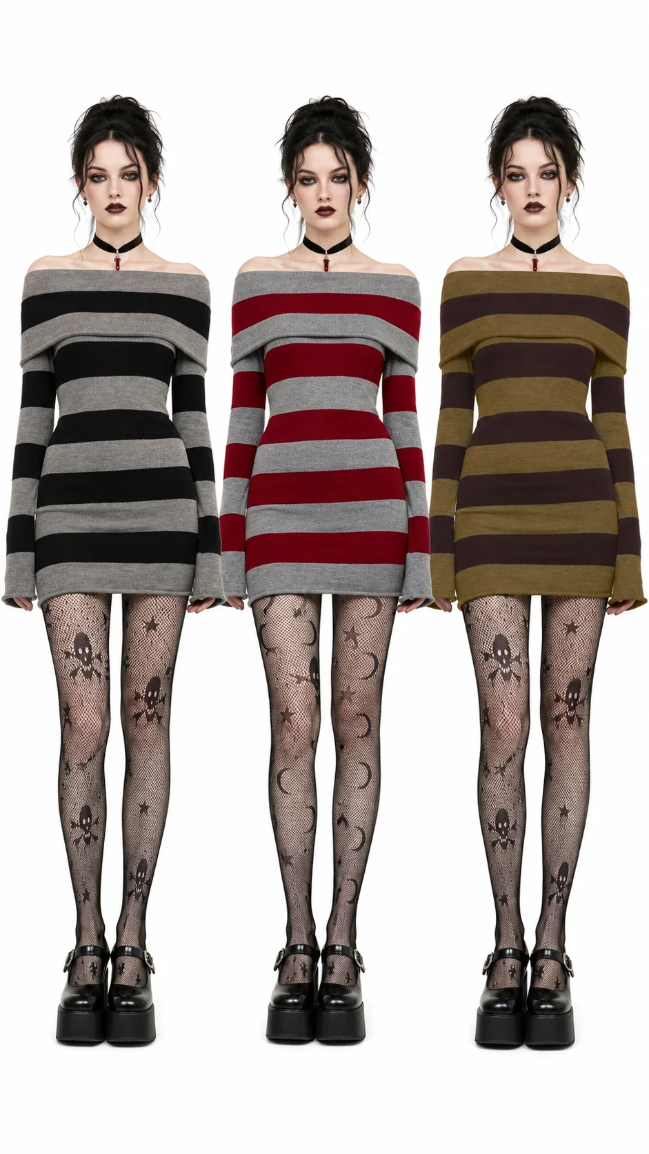 Women Gothic Y2K Off Shoulder Striped Knit Mini Dress, Long Sleeve Bodycon Sweater Dress, Punk Grunge Aesthetic Party Club Outfits