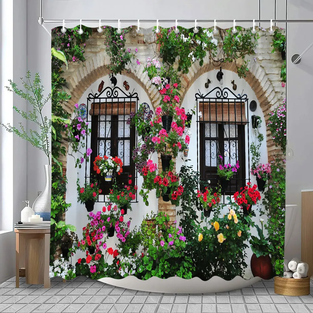 Full of Flowers European Window Wall Shower Curtain Natural Scenery Outdoor Garden Poster Polyester Bath Curtains Bathroom Decor