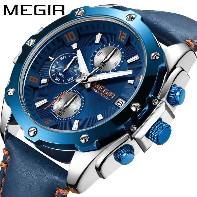 

MEGIR Men Business Analogue Quartz Watch with Fashion Blue Leather Strap Chronograph Luminous Auto Calendar for Sport & Work