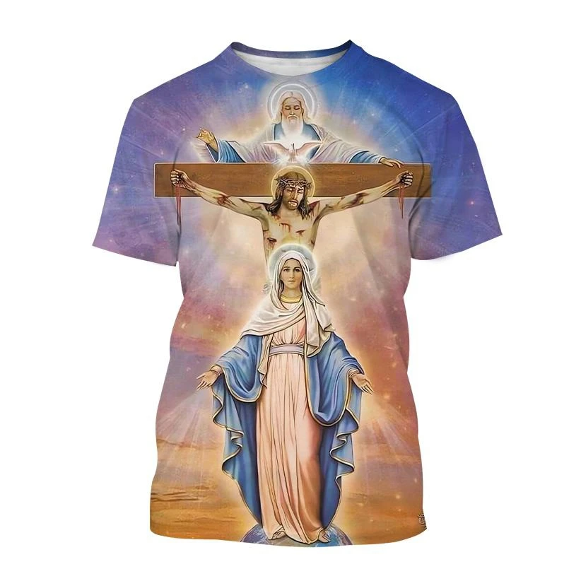 

Funny 3D Jesus Cross Printed Men's T Shirts Virgin Mary Pattern Short Sleeve Tees Casual O-neck Short Sleeve Tops Loose Pullover
