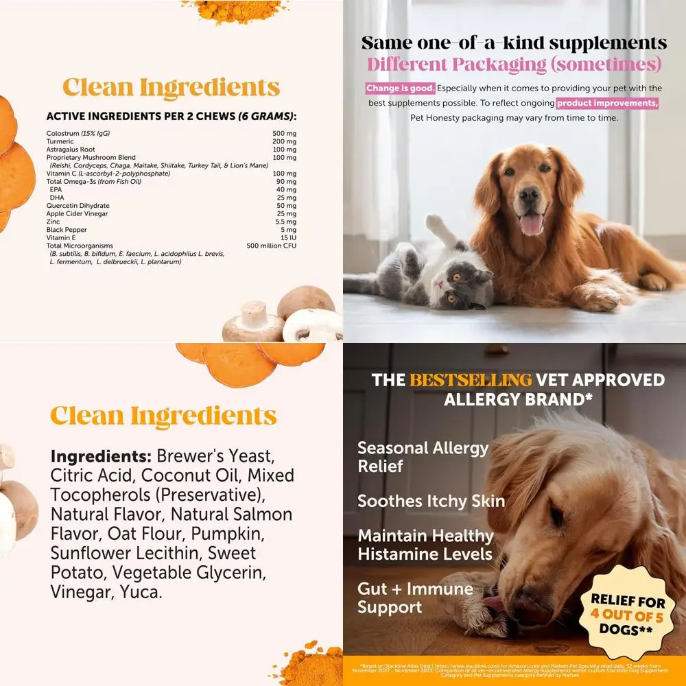 

Probiotic-Enriched Dog Allergy & Itch Relief Supplement for Seasonal Skin & Paw Comfort (Salmon, 180 Capsules)